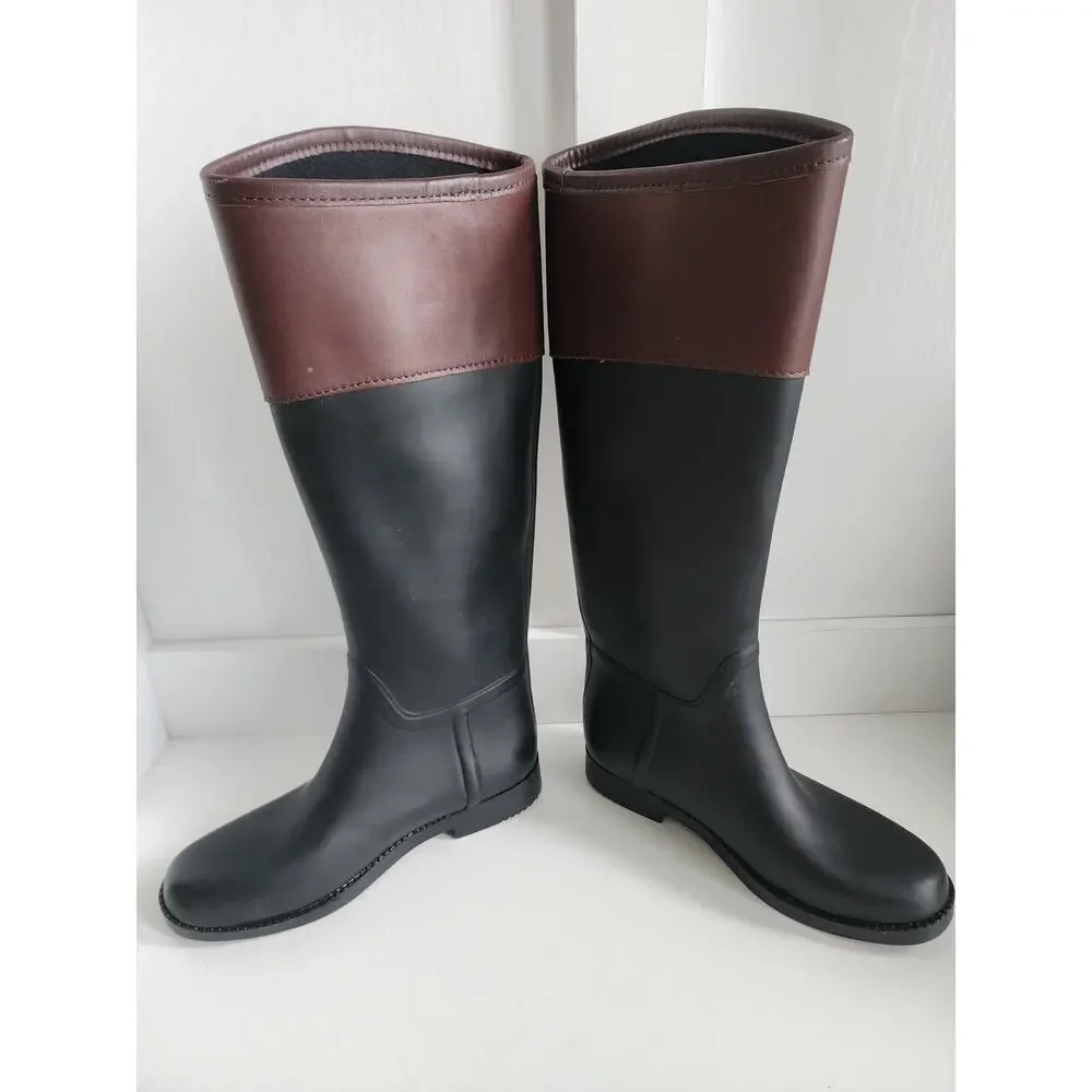 Tory Burch Diana Tall Rubber Rain Boots Womens Size‎ 6 Logo Black Brown Logo